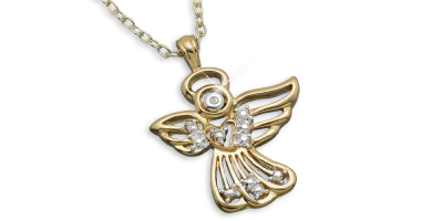 Łańcuszek i zawieszka w kształcie anioła ozdobiona diamentem i kryształkami