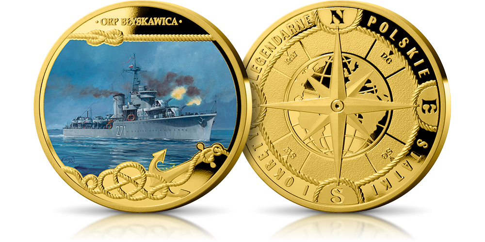 ORP Błyskawica na kolekcjonerskim medalu platerowanym 24-karatowym złocie i obrazie Grzegorza Nawrockiego.