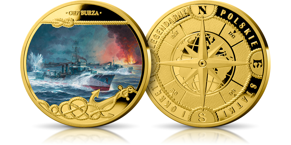 ORP Burza na kolekcjonerskim medalu platerowanym 24-karatowym złocie i obrazie Grzegorza Nawrockiego.