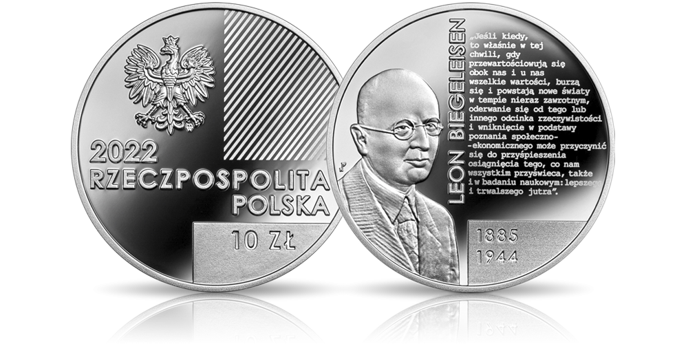 Leon Biegeleisen na srebrnej monecie NBP.