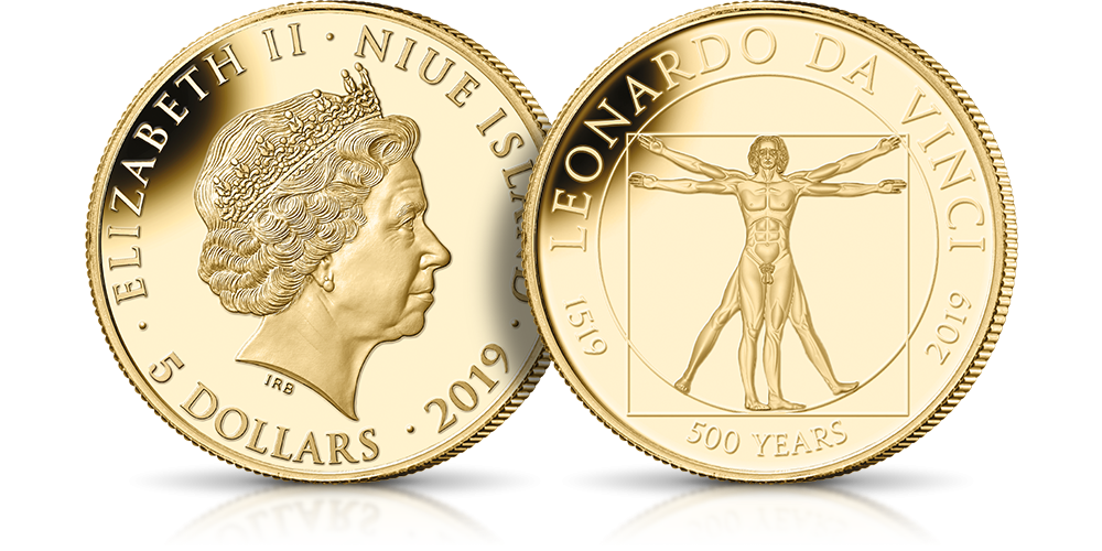 Leonardo da Vinci na złotej monecie o nominale 5 dolarów Leonardo da Vinci na złotej monecie o nominale 5 dolarów