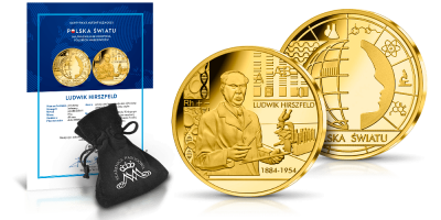 Ludwik Hirszfeld - pamiątkowy medal uszlachetniony czystym złotem w woreczku