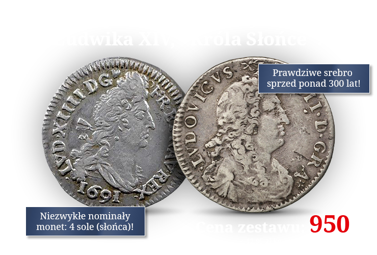 Zestaw srebrnych monet „Króla Słońce”, Ludwika XIV o nominałach 4 soli