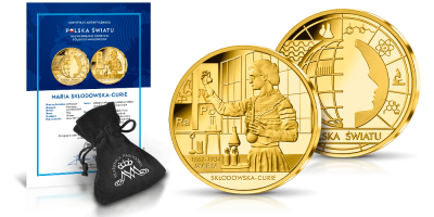 Maria Skłodowska-Curie - pamiątkowy medal uszlachetniony czystym złotem w woreczku