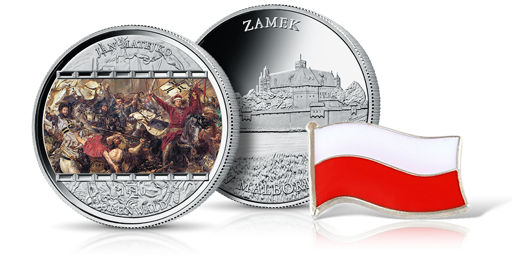 Bitwa pod Grunwaldem - uszlachetniony srebrem medal pamiątkowy z przypinką w kształcie flagi. Bitwa pod Grunwaldem - uszlachetniony srebrem medal pamiątkowy z przypinką w kształcie flagi.