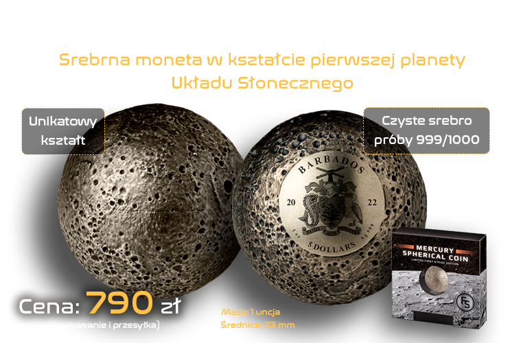 Merkury - srebrna moneta o unikatowym kształcie jednej z planet Układu Słonecznego