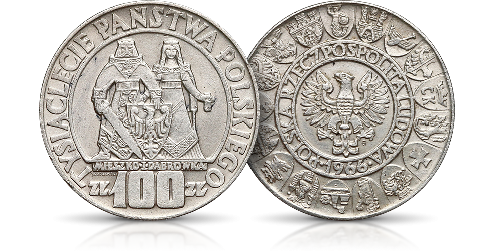 Srebrna moneta Mieszko i Dąbrówka o nominale 100 złotych z 1966 r. Srebrna moneta Mieszko i Dąbrówka o nominale 100 złotych z 1966 r.