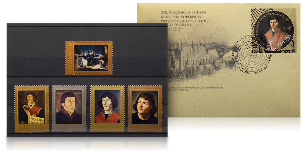 Oryginalne znaczki pocztowe z 1973 r. upamiętniające 500. rocznicę urodzin Mikołaja Kopernika oraz koperta okolicznościowa FDC wydana wydanej29 stycznia 2023 roku przez Pocztę Polską z okazji 550. rocznicy urodzin Mikołaja Kopernika