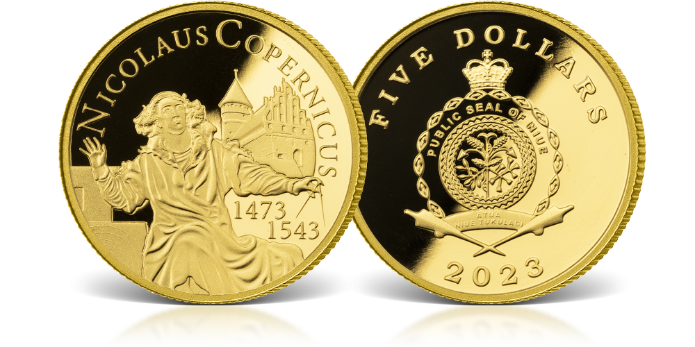 Złota moneta o masie 1/10 uncji wydana z okazji 550. rocznicy urodzin Mikołaja Kopernika