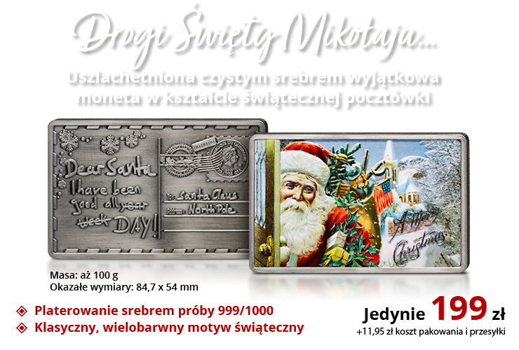 Pocztówka z Mikołajem – unikatowa moneta w kształcie karty bożonarodzeniowej 