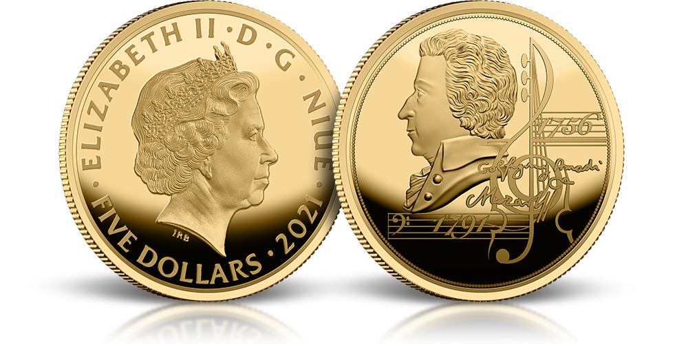 Mozart na złotej monecie o wadze 1/10 uncji.