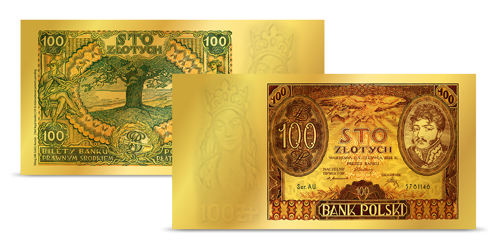 Replika banknotu stuzłotowego z podobizną ks. Józefa Poniatowskiego w czystym złocie