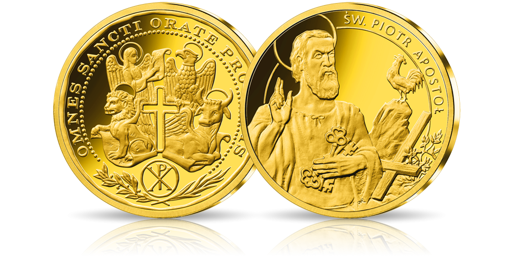  święty Piotr pierwszy papież kościoła na medalu platerowanym złotem