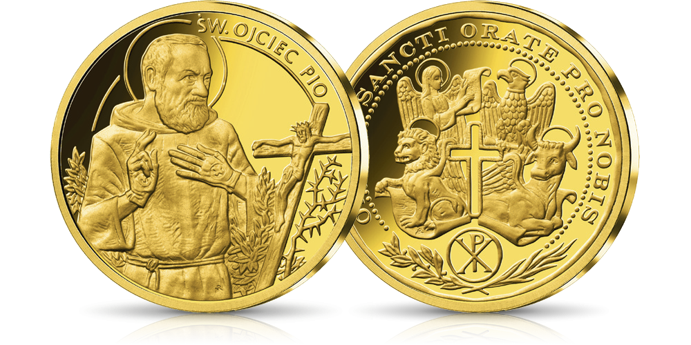   ojciec Pio numizmat platerowany czystym złotem