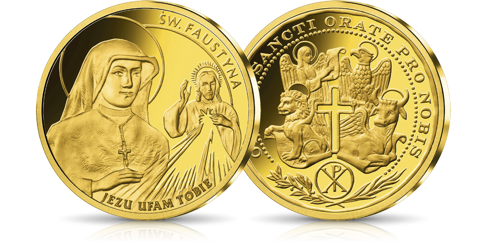 święta Faustyna na numizmacie platerowanym czystym złotem