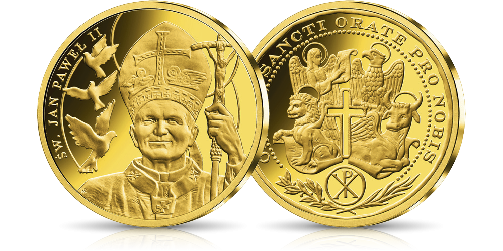 święty Jan Paweł II na medalu platerowanym 24-karatowym złotem