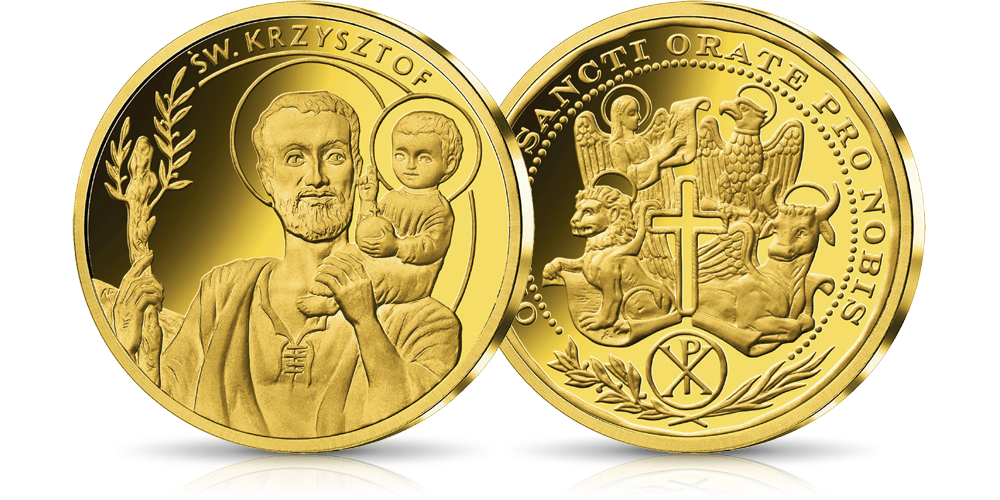 święty Krzysztof z Dzieciątkiem Jezus na emisji uszlachetnionej czystym złotem