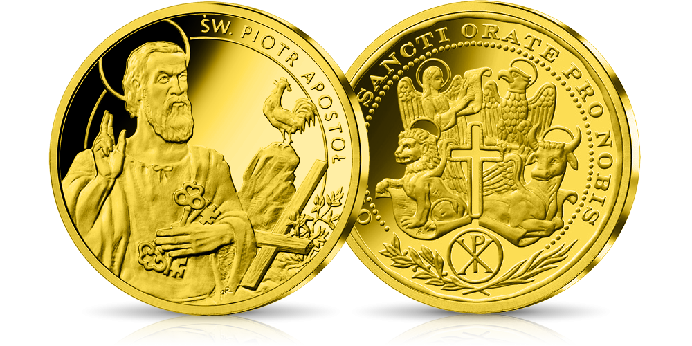   święty Piotr pierwszy papież kościoła na medalu platerowanym złotem