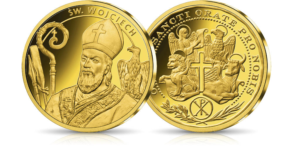 święty Wojciech patron Polski na medalu uszlachetnionym czystym złotem