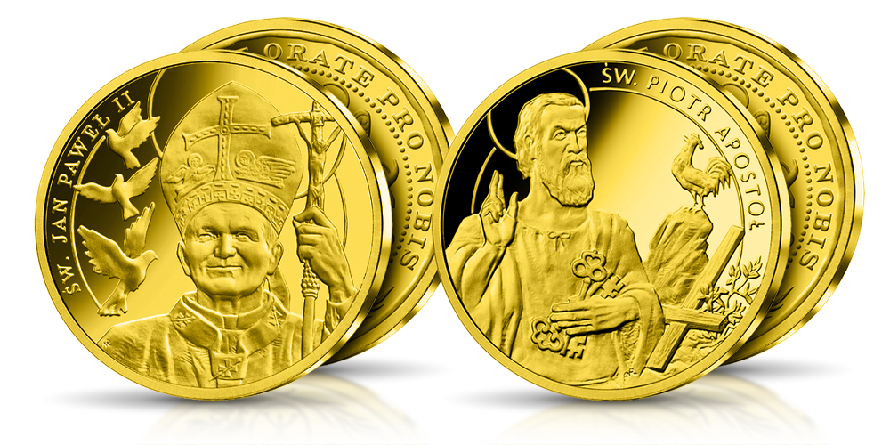   święty jan paweł II i święty piotr apostoł na medalach uszlachetnionych złotem
