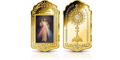   jezus miłosierny na medalu uszlachetnionym złotem