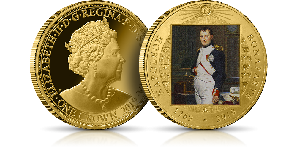 Napoleon Bonaparte moneta z Wyspy Świętej Heleny uszlachetnienie czystym złotem nominał 1 korona Królowa Elżbieta II reprodukcja obrazu Napoleon w gabinecie w Tuileries autorstwa Jacquesa-Louisa Davida Napoleon Bonaparte moneta z Wyspy Świętej Heleny uszlachetnienie czystym złotem nominał 1 korona Królowa Elżbieta II reprodukcja obrazu Napoleon w gabinecie w Tuileries autorstwa Jacquesa-Louisa Davida