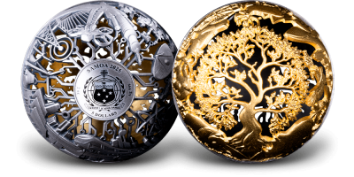 Natura i technologia - ażurowa srebrna moneta w kształcie kuli