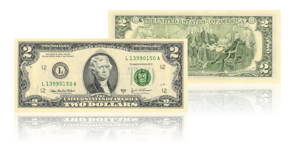 Banknot dwudolarowy, po raz pierwszy wyemitowany w 1976 roku, ze sceną uroczystego ogłoszenia niepodległości w 1776 roku