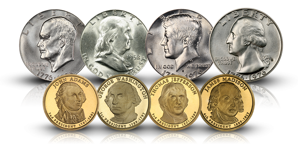 Okolicznościowe srebrne dolary, wybite z okazji 200. rocznicy powstania Stanów Zjednoczonych i słynne dolary prezydenckie