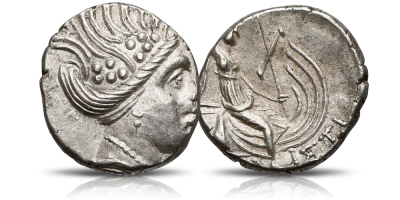 Nimfa siedząca na galerze Przepiękny srebrny tetrobol sprzed ponad 2000 lat! 