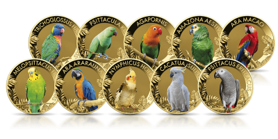 Papugi - zestaw 10 złotych monet z kolorowym nadrukiem 
