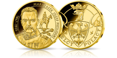 Józef Piłsudski na medalu platerowanym 24-karatowym złotem 