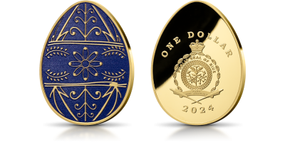 Kraslicka Pisanka - moneta w unikatowym kształcie wielkanocnego jajka pokryta złotem i niebieskim pyłem szafirowym
