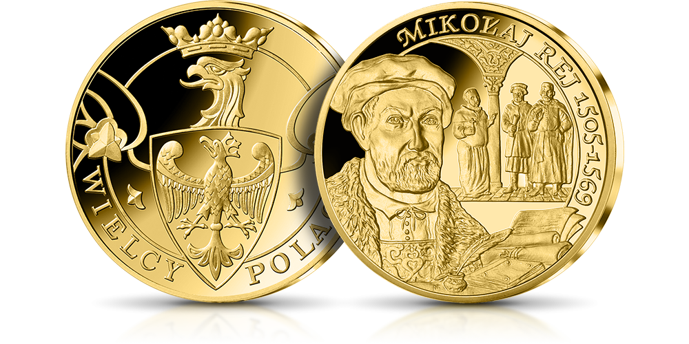 Mikołaj Rej na medalu platerowanym 24-karatowym złotem