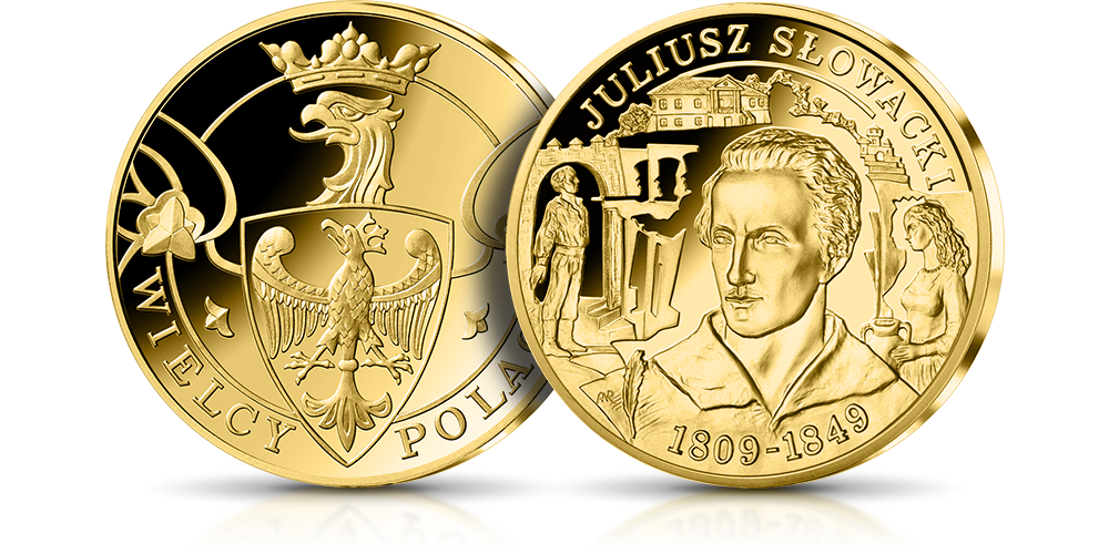 Juliusz Słowacki na medalu platerowanym 24-karatowym złotem