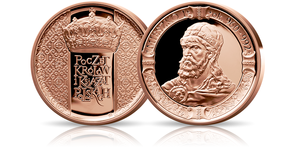 Mieszko I na medalu platerowanym czerwonym złotem Mieszko I na medalu platerowanym czerwonym złotem
