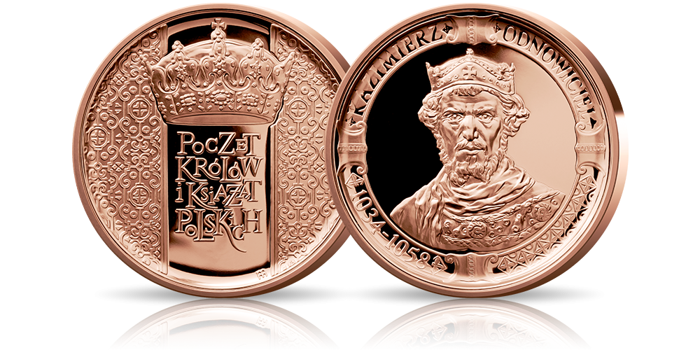 Kazimierz Odnowiciel na medalu platerowanym czerwonym złotem, poczet władców Polski