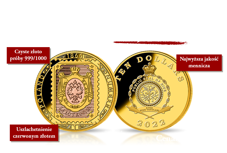 Polska Nr 1 - pierwszy w historii polski znaczek pocztowy uwieczniony na złotej monecie