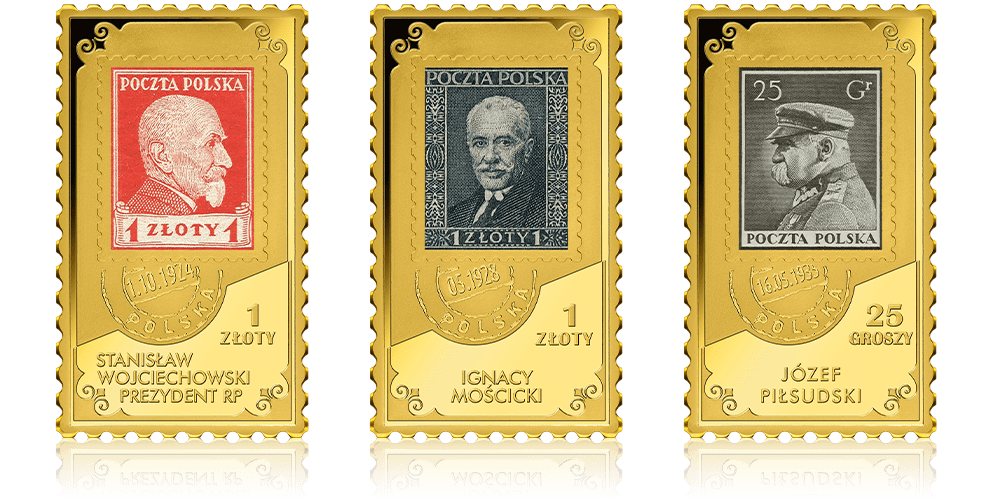   znaczki okresstanisław wojciechowski, ignacy mościcki i józef piłsudski