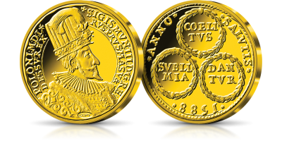 Portugał Zygmunta III Wazy na replice uszlachetnionej czystym złotem. Pierwszy numizmat wybity na cześć nowego króla 