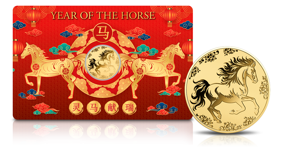 Chiński Rok Konia na złotej monecie.