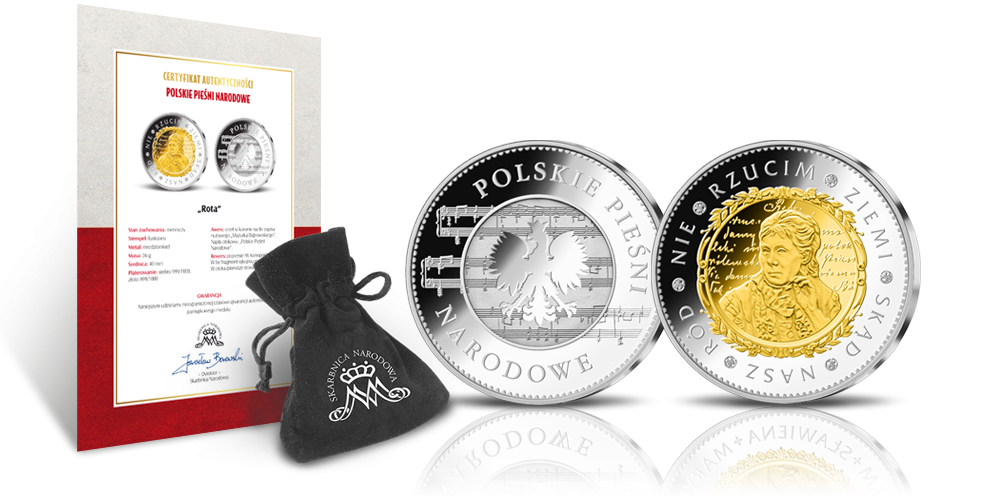 Rota - medal pamiątkowy uszlachetniony czystym srebrem i złotem z Certyfikatem Autentyczności i welurowym woreczkiem z logo Skarbnicy Narodowej Rota - medal pamiątkowy uszlachetniony czystym srebrem i złotem z Certyfikatem Autentyczności i welurowym woreczkiem z logo Skarbnicy Narodowej