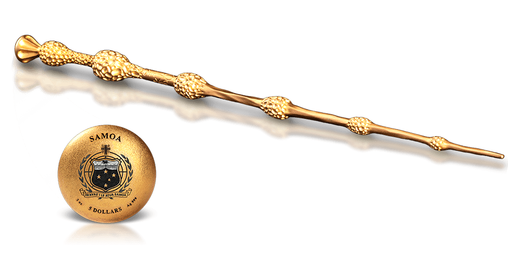 Srebrna moneta w kształcie różdżki z opowieści o Harrym Potterze.