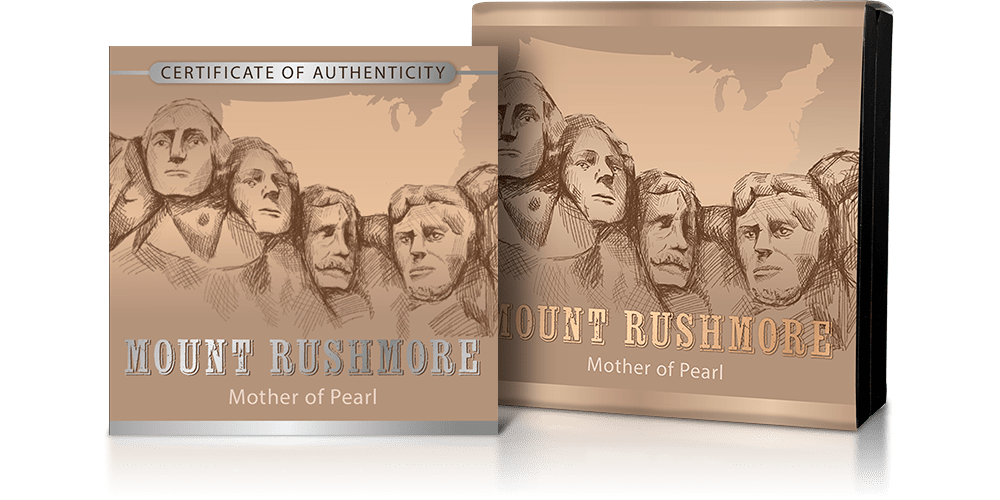 Srebrna moneta z masą perłową - 100 lat Mount Rushmore - pudełko i certyfikat