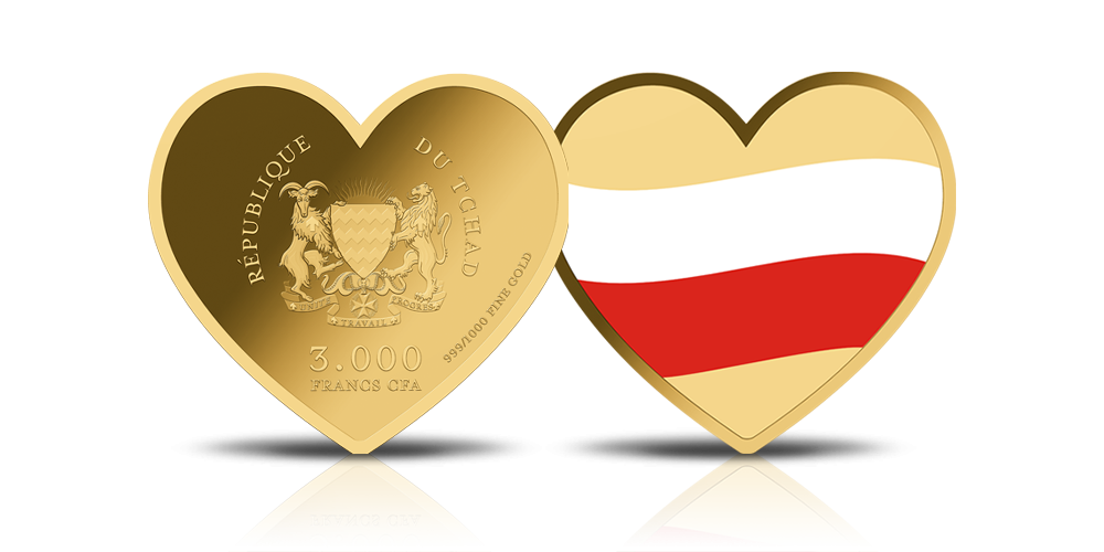 Moneta w kształcie serca z flagą Polski.