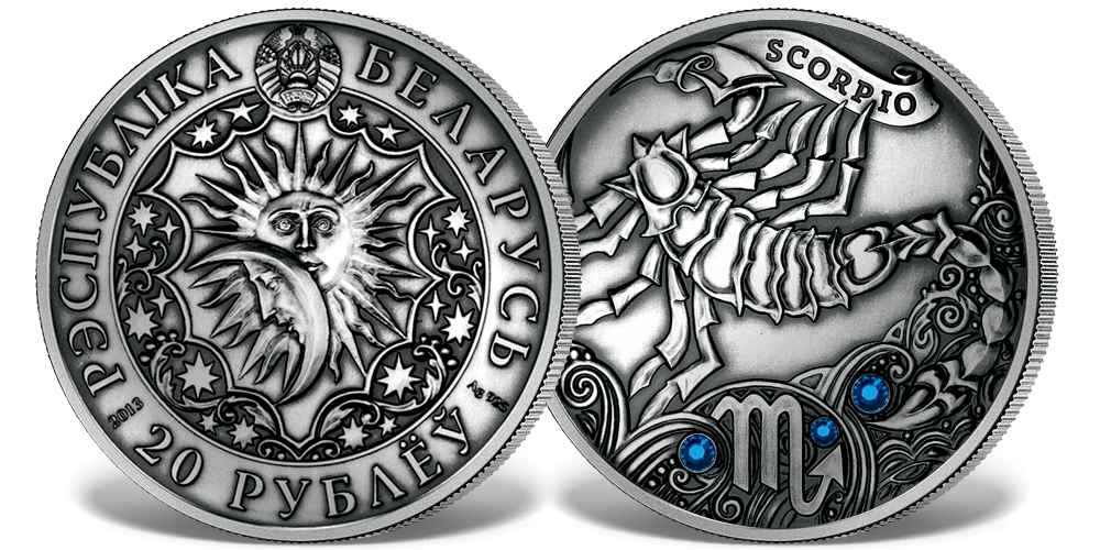 Srebrna moneta z kryształkami Swarovskiego - Skorpion Srebrna moneta z kryształkami Swarovskiego - Skorpion
