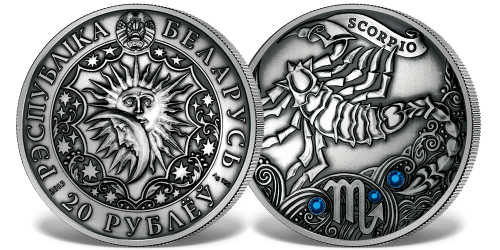 Srebrna moneta z kryształkami Swarovskiego - Skorpion Srebrna moneta z kryształkami Swarovskiego - Skorpion
