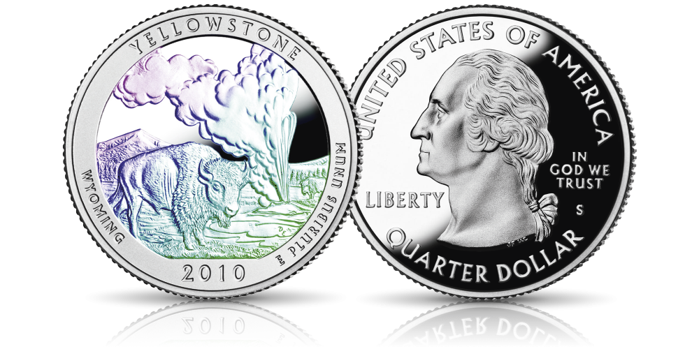 Srebrne monety z USA uszlachetnione hologramem Yellowstone Srebrne monety z USA uszlachetnione hologramem Yellowstone