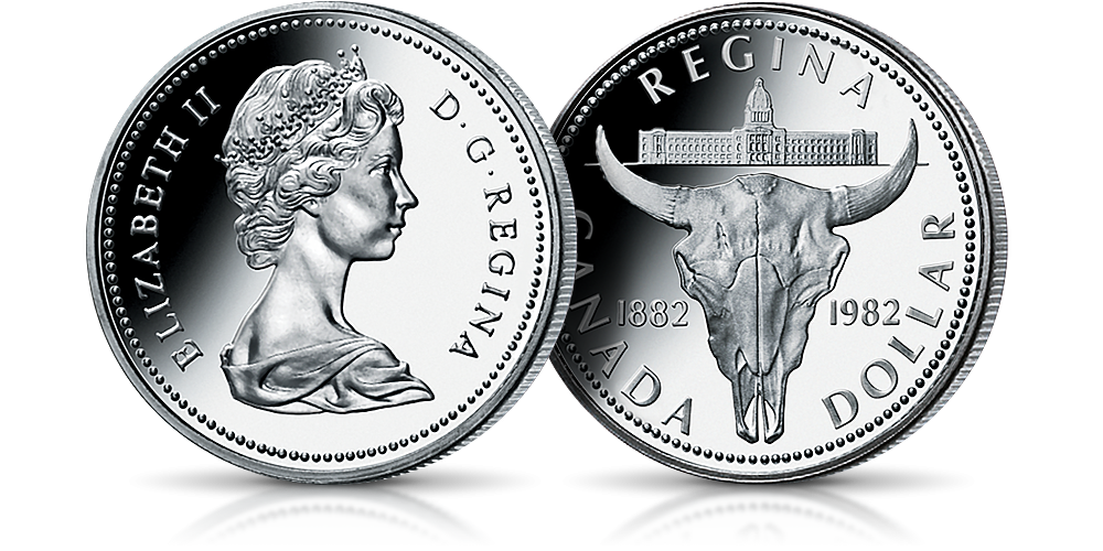 Srebrny dolar kanadyjski z 1982 roku - Bizon i 100 lat miasta Regina