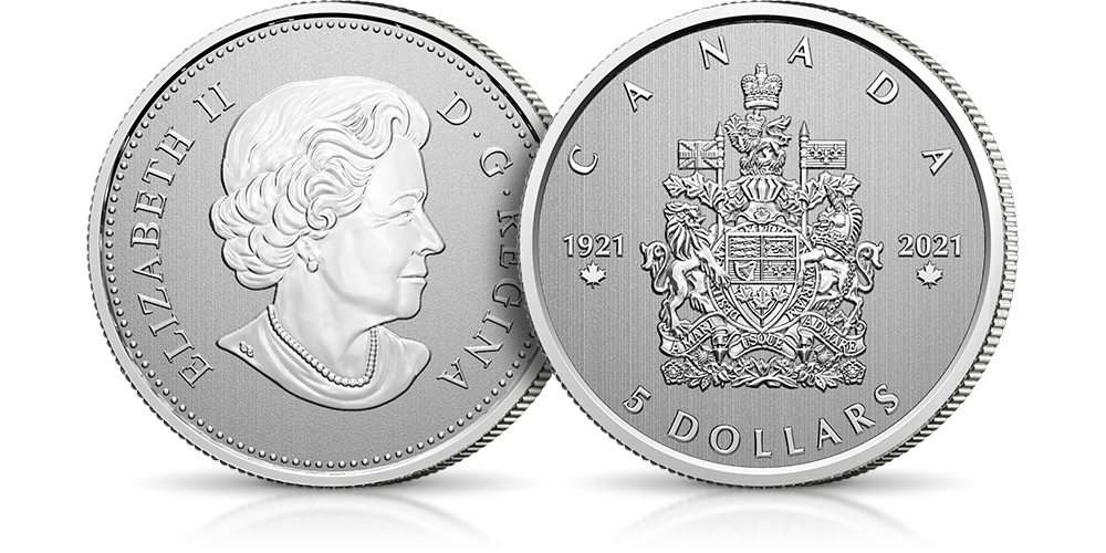 Srebrne dolary kanadyjskie - 100 rocznica nadania herbu Kanadzie, 5 dolarów, srebro, 2021